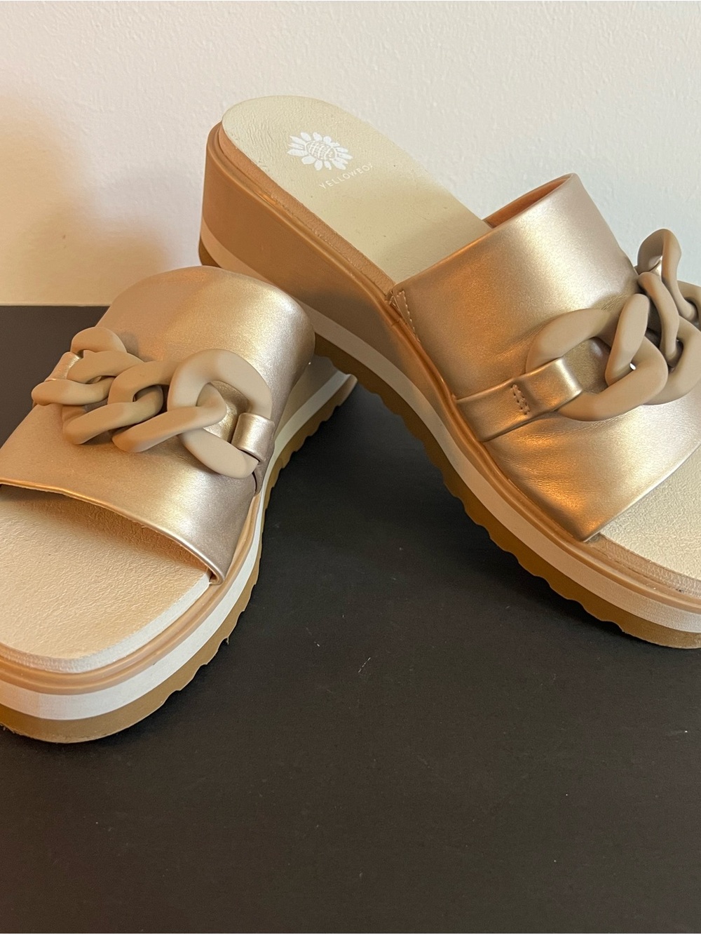 Yellow Box Metallic Gold Platform Slide Mules with Chain Accent